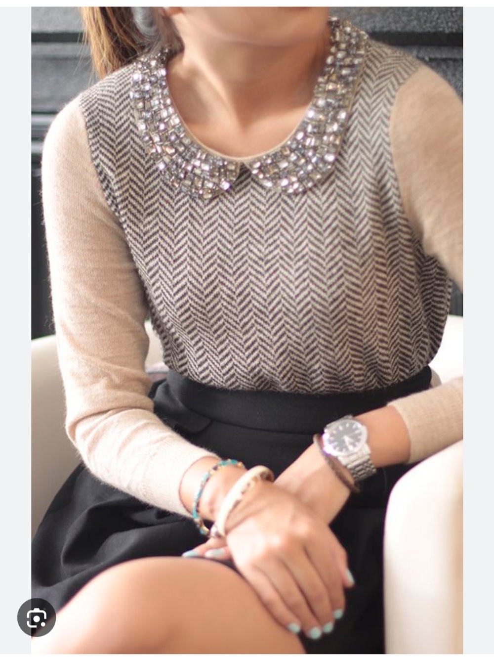J Crew Herringbone Sweater w Jewel Collar Small